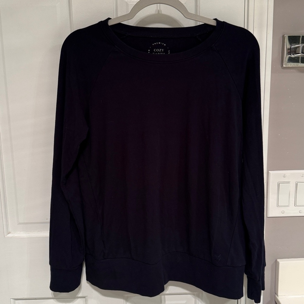 Cozy Earth Bamboo Pullover Crew Navy Long Sleeve Relaxed Top - Picture 2 of 6